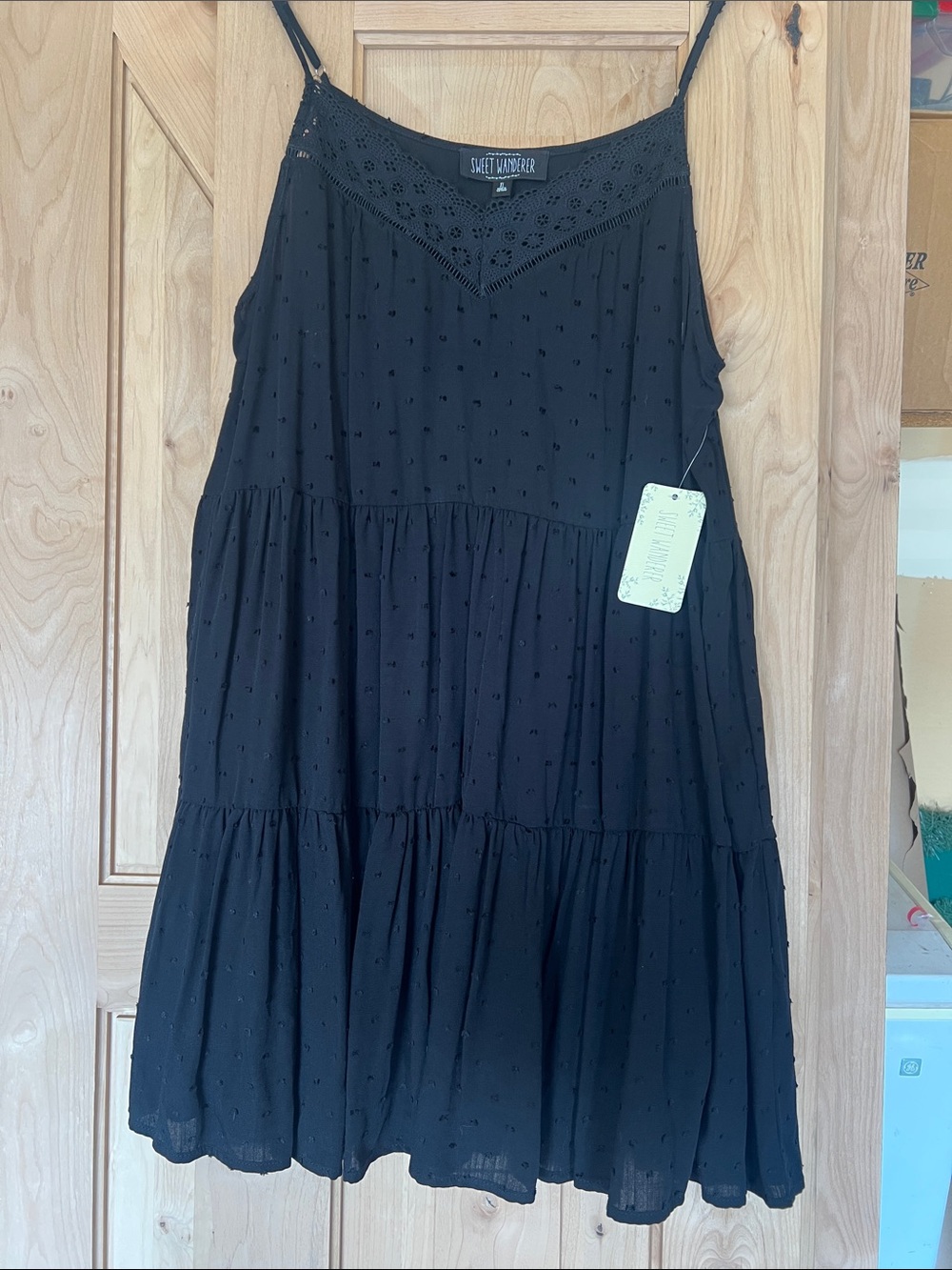 Sweet Wanderer Black Eyelet Tiered Spaghetti-Strap Mini Dress